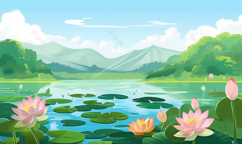 绿油油绿色的盛夏池塘里的荷叶和盛开的荷花背景,插画/手绘图,插画/手绘图库,插画/手绘图下载,插画/手绘